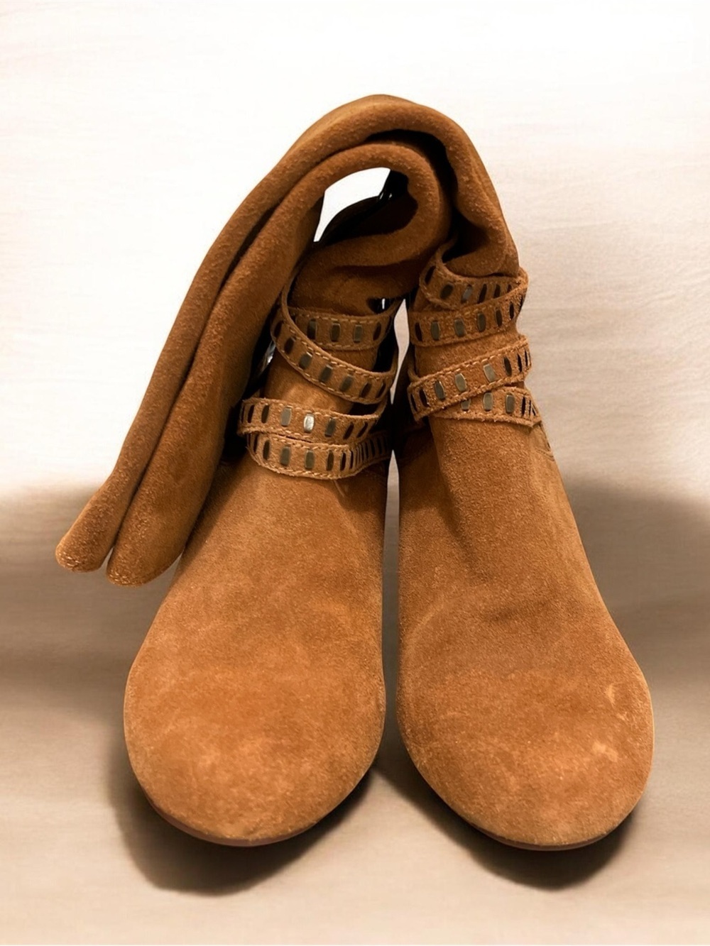 Express Tan Suede Mid-Calf Heeled Boot with Wrap Detail - Picture 2 of 2